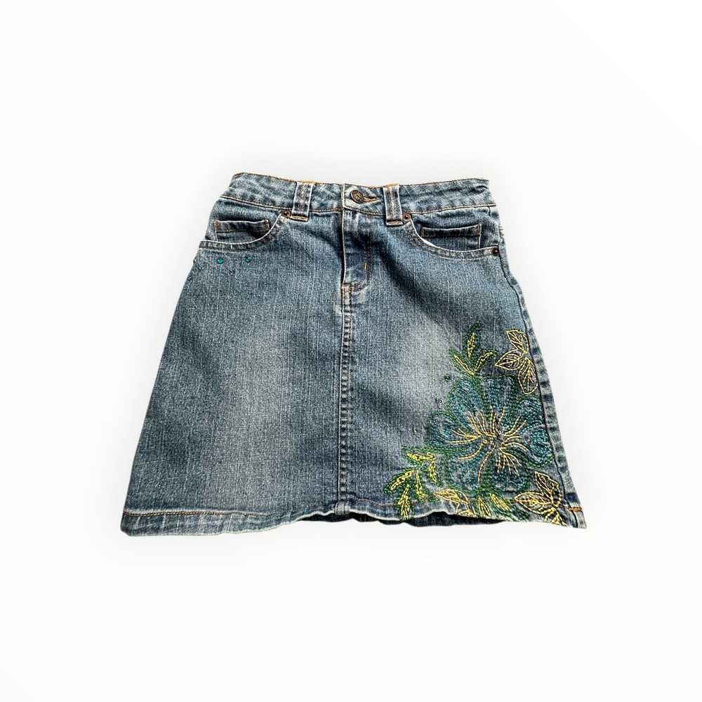 Mary-Kate and Ashley Denim Mini Skirt Girls 10 Blue Floral Embroidered Beaded